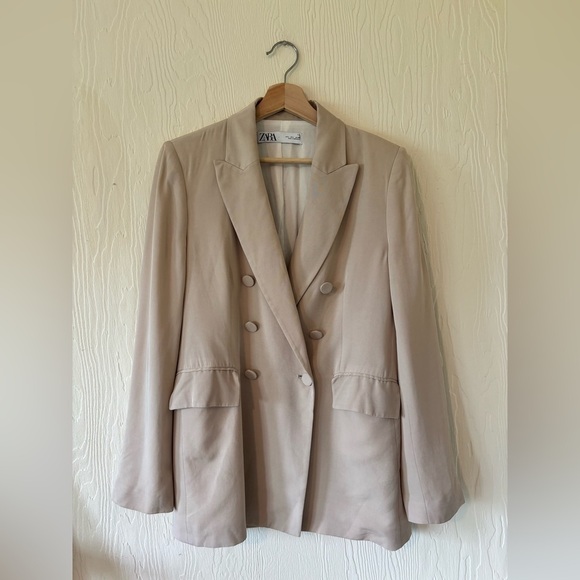 Zara Double Breasted Satin Effect Cream Tan Mink Blazer Suit Jacket Bridal - Picture 8 of 17
